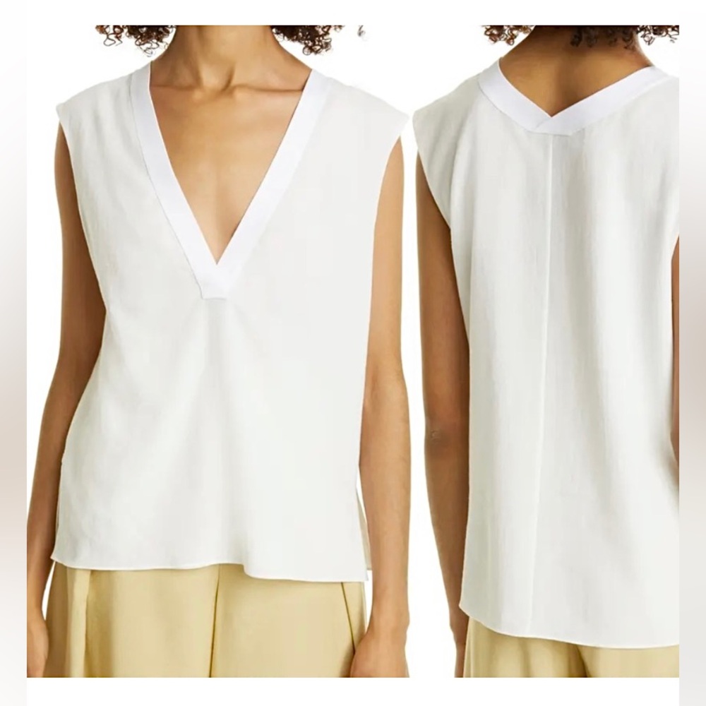 Vince Rib Knit Trim Sleeveless V Neck Gauzy Cotton Top in Optic White MED - Picture 16 of 16